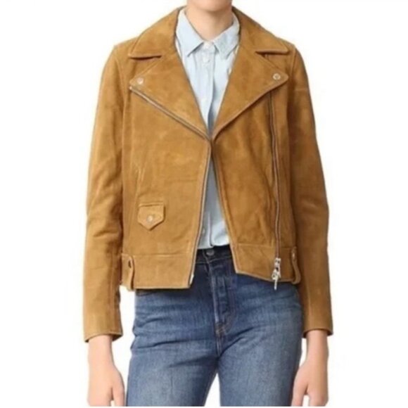 Madewell Tan Suede Leather Zip Motorcycle Jacket Women Size XL - Picture 3 of 8